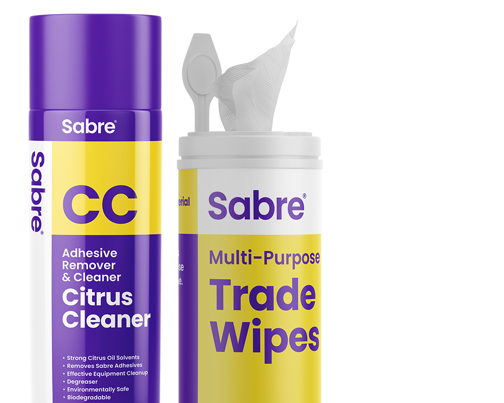 Sabre CC Adhesive remover-citrus cleaner aerosol and Sabre Multi-purpose Trade Wipes