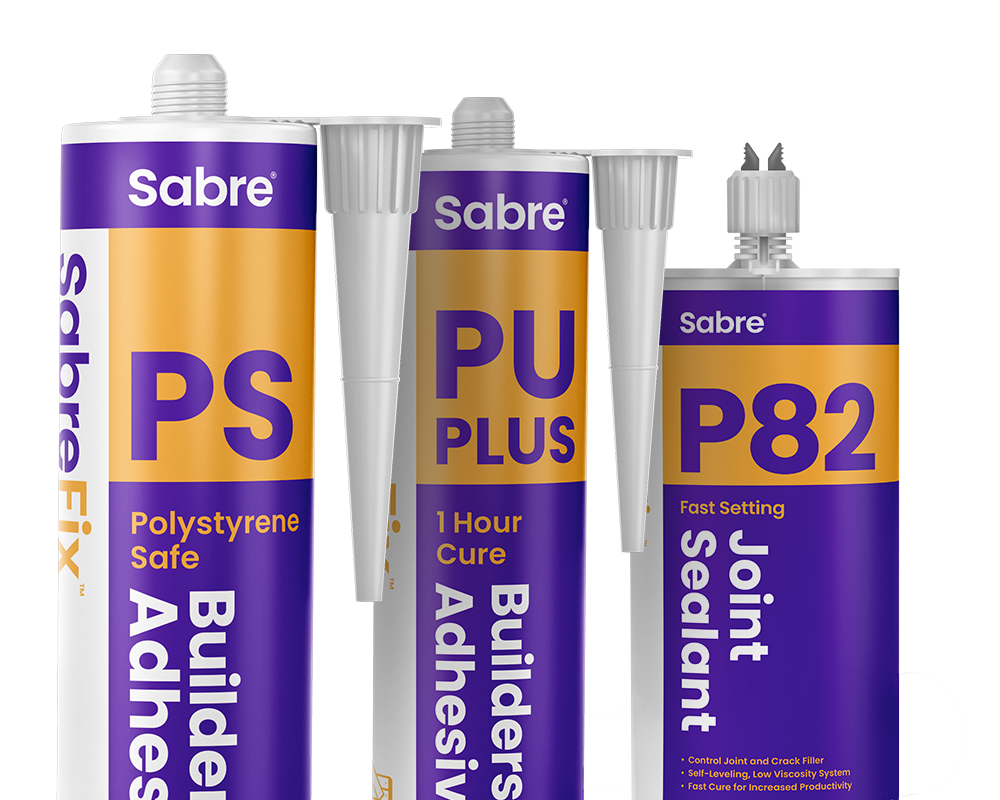 SabreFix PS Builders Adhesive, PU plus 1 hour cure, and P82 Joint Sealant