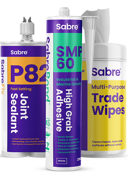 3 Sabre Products SabreFix P82 Joint Sealant, SabreBond SMP60 High-grab adhesive and Sabre Multi purpose Trade Wipes