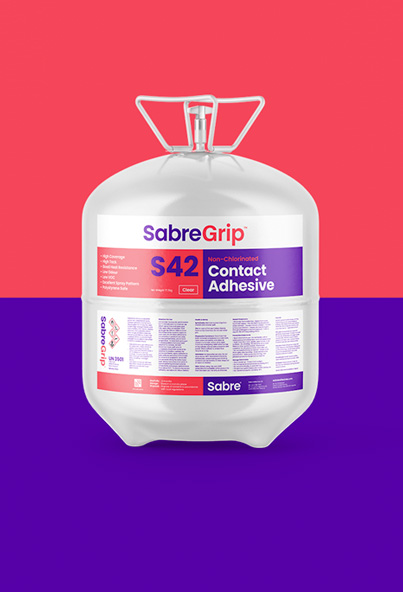 SabreGrip S42 Contact Adhesive in red and blue background