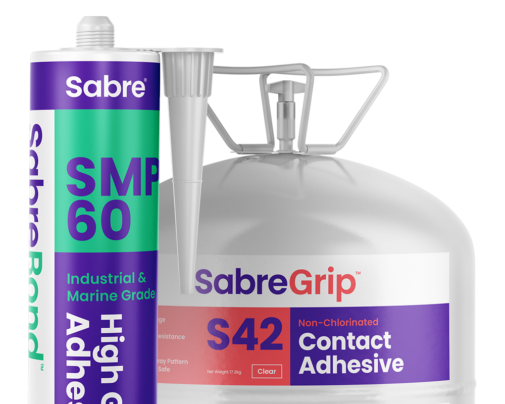 Close-up look to SabreBond SMP60 High Grab Adhesive and SabreGrip S42 Contact Adhesive